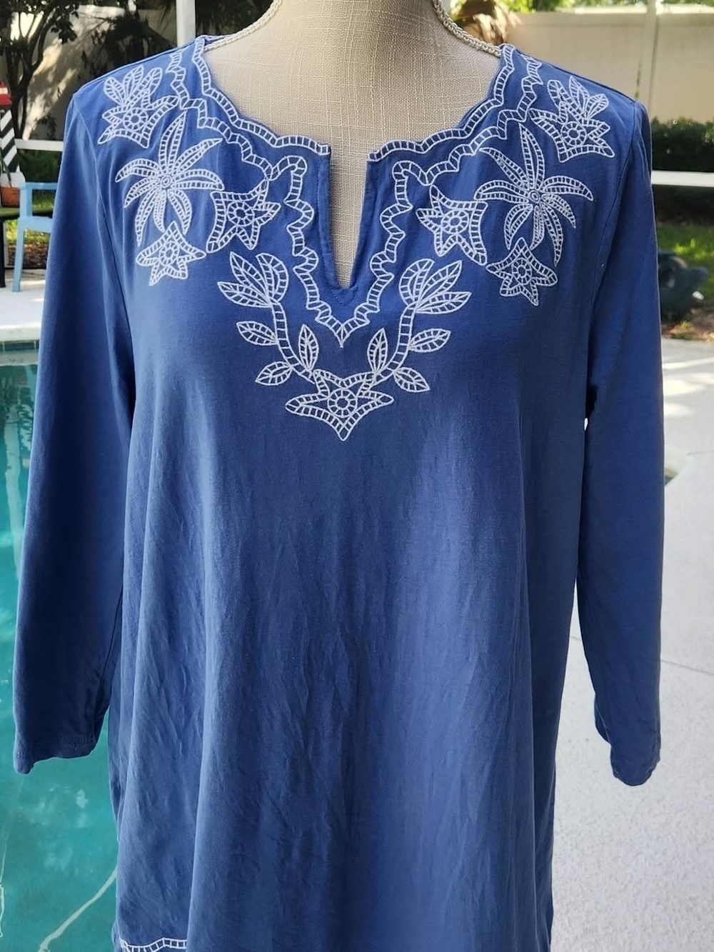 Talbots Blue Split-Neck Tunic with White Embroidered Yoke